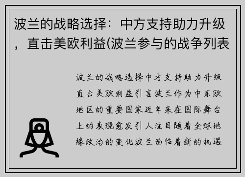 波兰的战略选择：中方支持助力升级，直击美欧利益(波兰参与的战争列表)