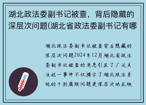 湖北政法委副书记被查，背后隐藏的深层次问题(湖北省政法委副书记有哪几位)