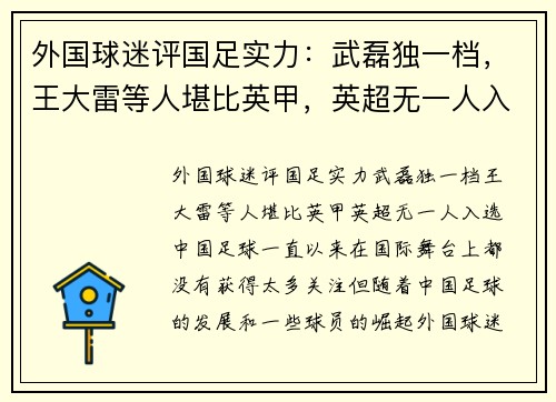 外国球迷评国足实力：武磊独一档，王大雷等人堪比英甲，英超无一人入选