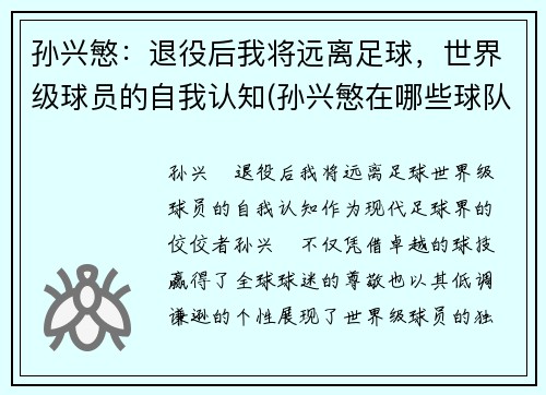 孙兴慜：退役后我将远离足球，世界级球员的自我认知(孙兴慜在哪些球队效力)