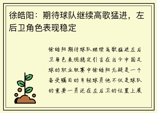 徐皓阳：期待球队继续高歌猛进，左后卫角色表现稳定
