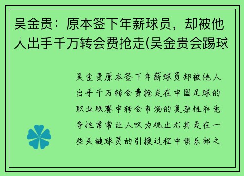 吴金贵：原本签下年薪球员，却被他人出手千万转会费抢走(吴金贵会踢球吗)
