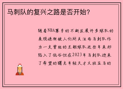 马刺队的复兴之路是否开始？