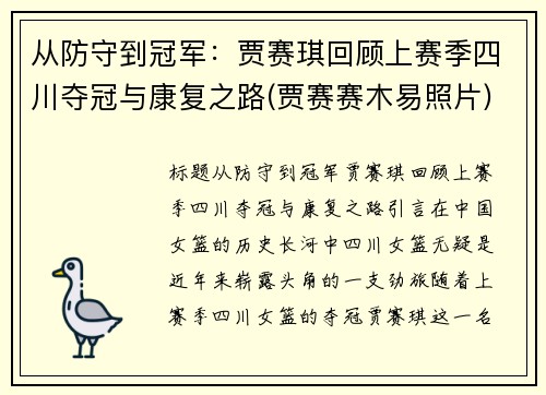 从防守到冠军：贾赛琪回顾上赛季四川夺冠与康复之路(贾赛赛木易照片)