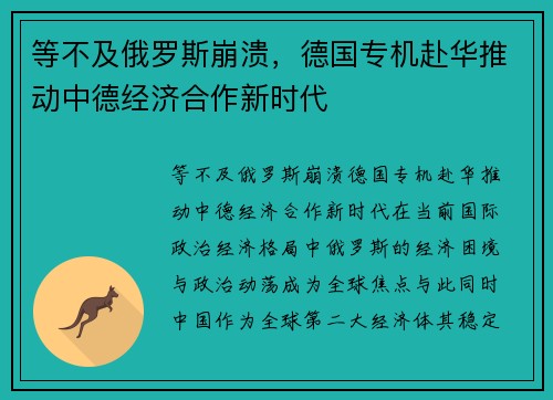 等不及俄罗斯崩溃，德国专机赴华推动中德经济合作新时代