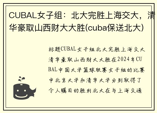 CUBAL女子组：北大完胜上海交大，清华豪取山西财大大胜(cuba保送北大)