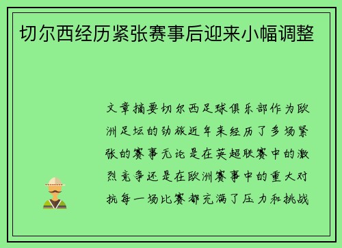 切尔西经历紧张赛事后迎来小幅调整