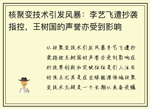 核聚变技术引发风暴：李艺飞遭抄袭指控，王树国的声誉亦受到影响